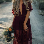 Floral Lace Maxi Dress V Neck Short Sleeve Boho Wedding Bridesmaid Evening Party Beach Slit Flowy Long Dresses