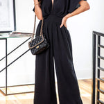 Black Deep V Neck High Waist Wide Leg Jumpsuit