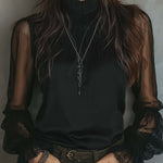Vintage Pleated Collar Sheer Sleeves Polyester Satin Blouse
