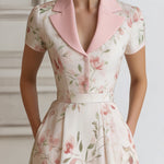 Floral Lapel Short Sleeve Midi Dress With Tailored Waist