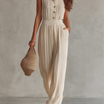 Bohemian Chiffon Pleated Shirt Collar Sleeveless Jumpsuit