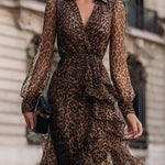 Leopard Print Wrap Midi Dress With Ruffled Hem