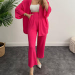 Two-Piece Set Long Sleeve Shirt Solid Color Pleated Elastic Waist Long Pants