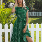 Polka Dot Midi Modest Summer Dress for Women High Waist Short Sleeve with Belt
