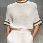 Vintage-Trimmed White Knitted Mesh Short-Sleeved Shirt And Wide-Leg Pants Set