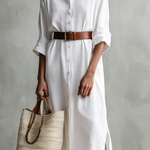 Women's Elegant White Woven Loose-fitting Long-sleeved Midi Dress