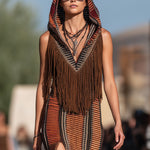 【24-hour shipping out】Western Retro Colorful Striped Knitted Tassel Hooded Slit Maxi Dress