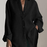 Reality Calling Linen Blend Solid Button Long Sleeve Loose Blouse