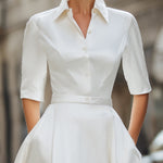 Timeless Ivory Satin Shirt Dress With Front Buttons