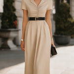 Collared Ruched Waist Midi Dress With Belt