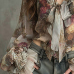 Boho Vintage Floral Tie-Front Chiffon Blouse