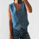 Sleeveless Denim Vest V Neck Button Down Waistcoat Jacket