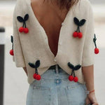 Short Sleeves Button Up Cherry Decorative Knit Sweater
