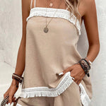 Pale Khaki Fringe Splicing Cami Top and Shorts Set