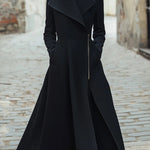 A-Line Long Sleeves Buttoned Pockets Solid Color Zipper Lapel Woolen Coat