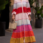 Puff Sleeves Contrast Color Split-Joint Round-Neck Maxi Dresses Shirt Dress