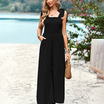 Sleeveless Lace-up Smocked Jumpsuits Solid Loose fit Wide Leg High Wasit Romper