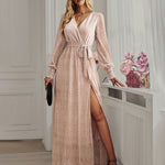V-neck High Split Long Evening Dress with Belt