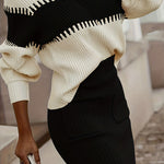 Nadorine Women's Casual Ribbed Two-piece Set, Color Block Knit Sweater & Solid Midi Sweater Skirts Outfits