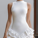 White Sleeveless Rib-Knit Tiered Ruffle Mini Dress