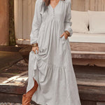 Loose Long Sleeve Dress V Neck Button Beach Sundress