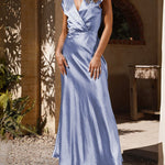 Loose Short Sleeves Pleated Solid Color Split-Joint V-Neck Maxi Dresses