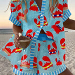 Crab Party Print Loose Button Elastic Waist Shorts Set