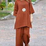 Plus Size Solid Color Retro Pants Casual Long Sleeve Loose Blouse Set
