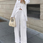 Nadorine Cotton Two-Piece Set Loose Fit Long-Sleeved Deep V Neck Tie-Front Top and Wide-Leg Pants