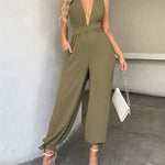 Nadorine Women's Crisscross Tie Backless Halter Jumpsuit Deep V Neck Sleeveless Jumpsuits