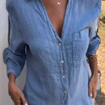 Linen Blend Solid Color V-neck Casual Pocket Shirt