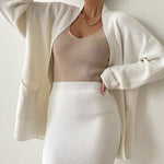 Two Piece Outfit Sweater Set Knitted Cardigan Loose High Waist Long Skirts