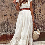 Summer Short Sleeve V Neck Lace Long Dress Wedding Guest Dresses