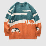 Vintage Cow Grassland Graphic Oversized Jumper Casual Loose Round Neck Unisex Sweater