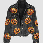 Halloween Pumpkin Sequined Distressed Corduroy Jacket