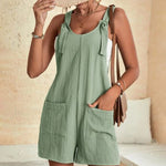 Knot Front Pocket Patched Overall Shorts Romper Without Tube Top Jumpsuits