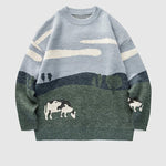 Vintage Cow Grassland Graphic Oversized Jumper Casual Loose Round Neck Unisex Sweater