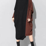 Casual Loose Split-Joint Contrast Color High-Neck Long Sleeves Dress
