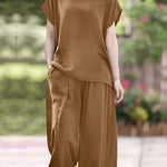 Summer Trousers Suits Matching Sets Short Sleeve Blouse Wide Leg Pants Sets