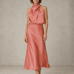 Sabine | Teal Satin Draped Halter-Neck Midi Dress