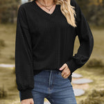 V-Neck Solid Color Twisted Knit Long Sleeve Loose T-Shirt Tops
