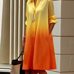 Long Sleeves Loose Buttoned Contrast Color Gradient Lapel Midi Dresses Shirt Dress
