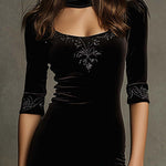 Embroidered Velvet High-Slit Midi Dress