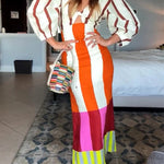Kaya Linen Blend Color Block Print Front Cutout Knot Puff Sleeve Maxi Dress