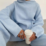 Nadorine Casual Street Loose Two-piece Sweatsuit Hooded Knitted Loose Top + Wide-leg Pants