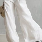 Elegant Minimalist Trimmed White Cotton Linen Halter Neck Top And Wide-leg Pants Set