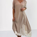 Nadorine Women's Asymmetric Summer V Neck Short Sleeve Patchwork Split Loose Casual Ankle-Length Long Dress