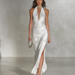 Women's Elegant White Satin Sleeveless Halter Neck Maxi Dress