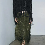 Party Crasher Layered Sequined Tassels High Rise Back Zipper Midi Skirt