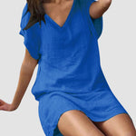 Loose Leisure V-Collar Short Sleeve Summer Cotton Linen Dresses